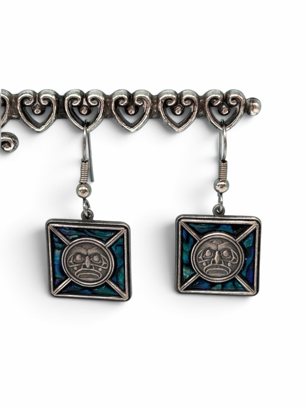 Vintage Signed Duri Square Pewter Abalon Tribal Motif Face Dangle Drop Earrings